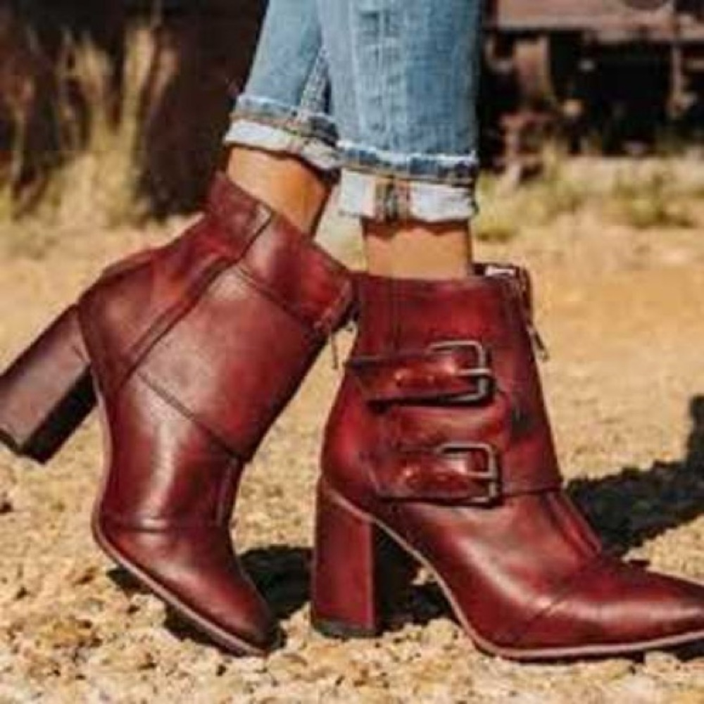 Freebird by Steven Women's Burgundy Leather Ankle Boots with Buckle Straps